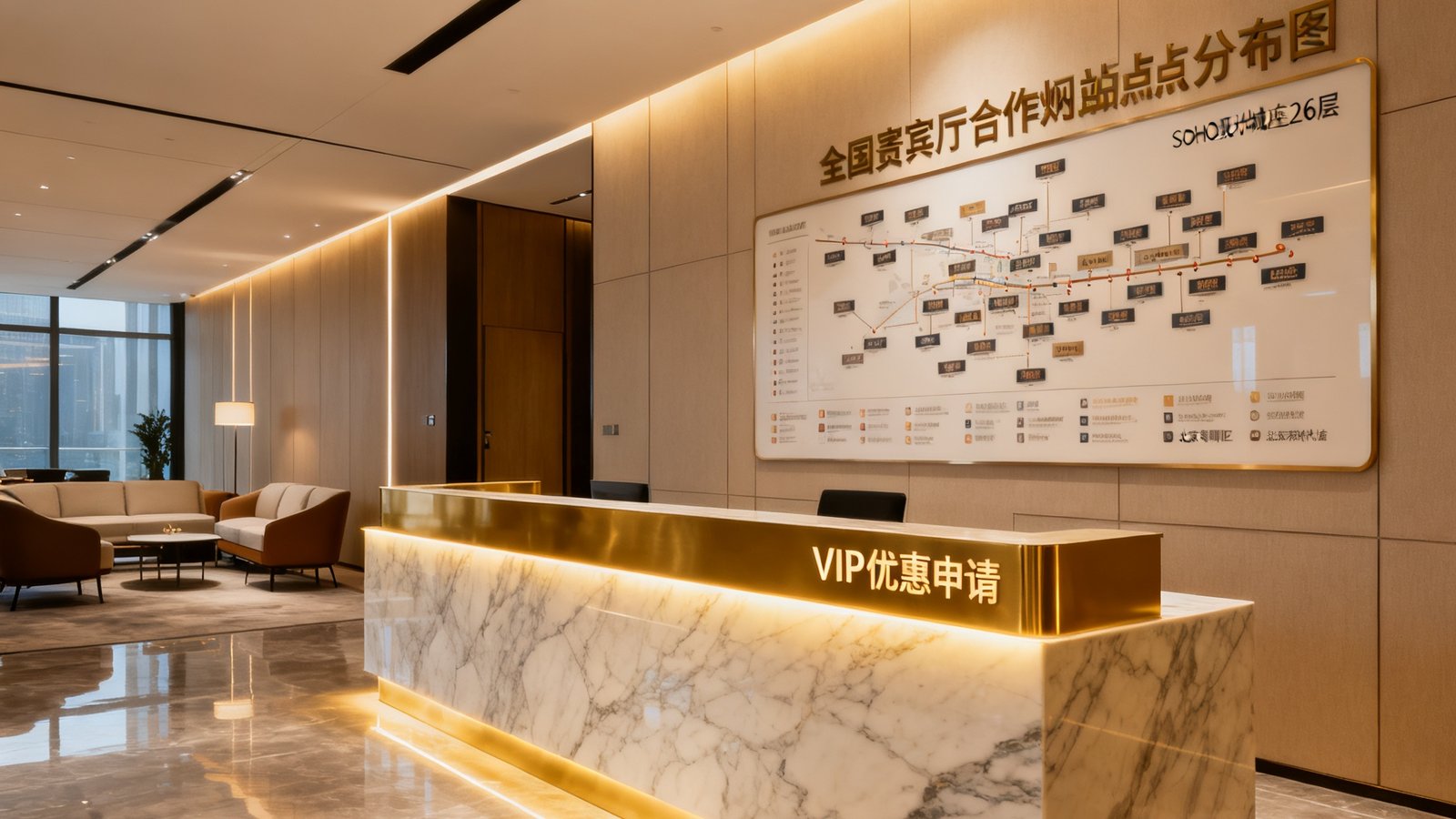VIP优惠申请大厅位于北京朝阳区SOHO现代城A座26层的公司前台与会客区，大理石接待台配以暖金色灯光，墙面展示全国贵宾厅合作网点分布图，整体风格现代商务且不失温馨
