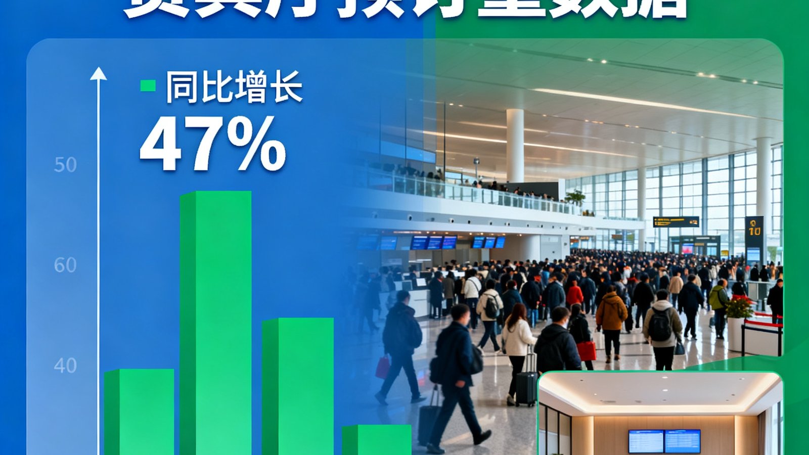 2025年春节出行贵宾厅预订量数据图表，柱状图显示同比47%增长，背景为春运期间机场人流与贵宾厅安静环境的对比画面