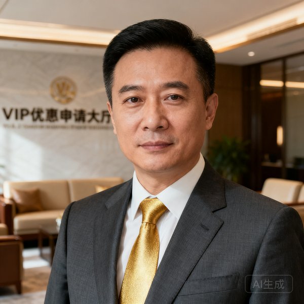 VIP优惠申请大厅创始人周明远先生的职业肖像照，身着深灰色西装搭配金色领带，背景为公司贵宾厅实景，神态沉稳自信