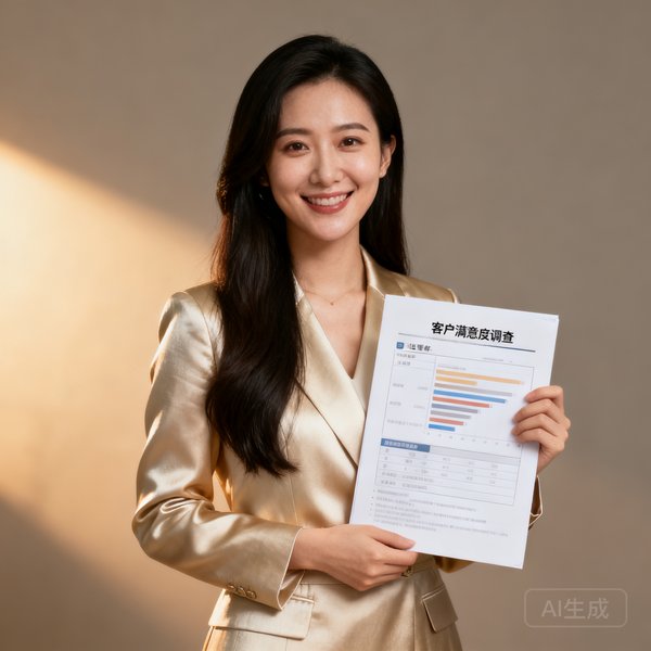 客户关系总监赵雪婷女士微笑半身照，长发披肩着淡金色职业装，手拿客户满意度调查报告，亲和力与专业度兼备