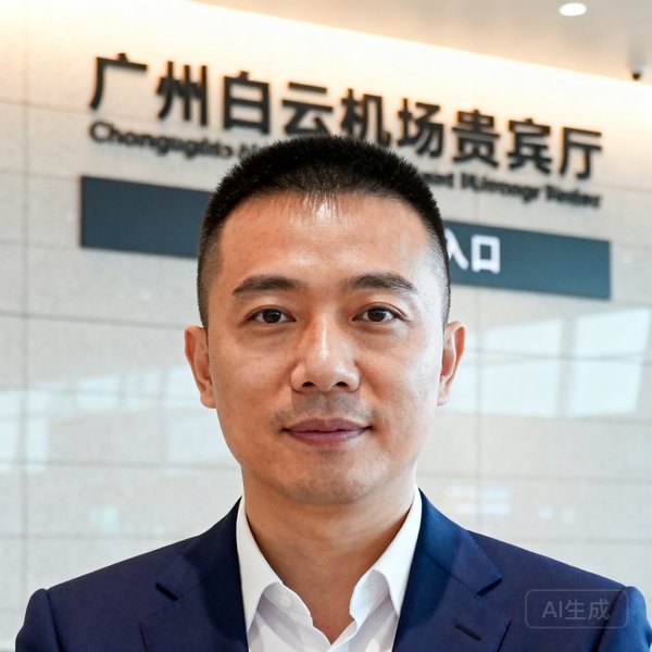 华南区总经理张凯先生商务照，精神干练的寸头发型搭配藏青色西装，身后为广州白云机场贵宾厅入口标识墙